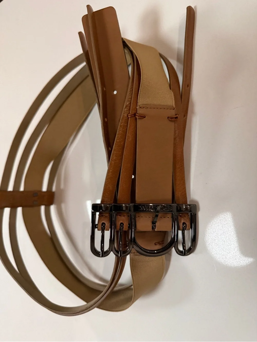 SPORTMAX Max Mara Cognac Leather Multi-Strap Quad Buckle Waist Belt M NWOT